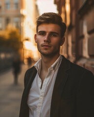 Obraz premium Confident Young Man in Urban Setting During Golden Hour for Fashion Shoot and Lifestyle Concepts