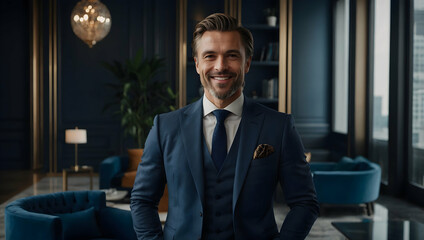 Confident CEO Portrait:  A charismatic businessman exudes success and sophistication in a stylish navy suit, standing in a luxurious modern office.  His genuine smile conveys trust and leadership. 