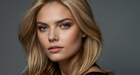 Fototapeta premium Captivating Gaze: A captivating portrait of a beautiful blonde woman with striking blue eyes, her long flowing hair framing her face. Her gaze is direct and alluring.