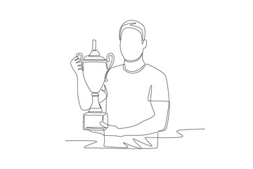 Man holding trophy. Trophy concept one-line drawing