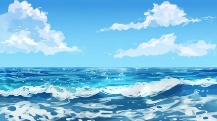 A beautiful scene of the blue ocean against the blue sky background. The ocean stretches out as far as the eye can see, with its surface glistening in the sunlight