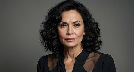Obraz premium Confident Woman Portrait: A striking headshot of a middle-aged woman with dark, curly hair, exuding confidence and strength. Her serious expression and elegant attire create a powerful image.