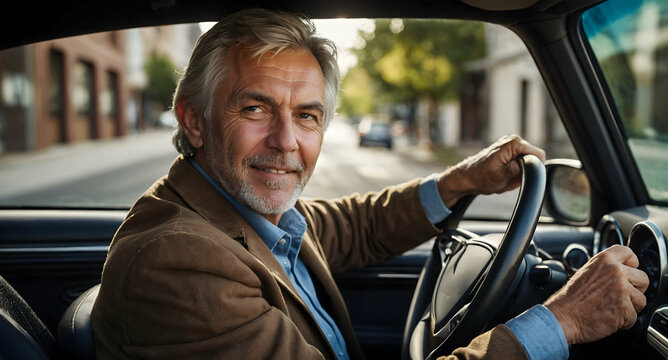 Joyride: A charismatic senior man smiles warmly as he cruises in his classic car, enjoying the open road and a sunny day.  
