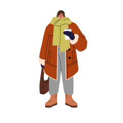Stylish girl in earmuffs, mittens holds cup of coffee outdoors. Young woman in winter outerwear, scarf in wintertime. Person wearing warm clothes, coat. Flat isolated vector illustration on white