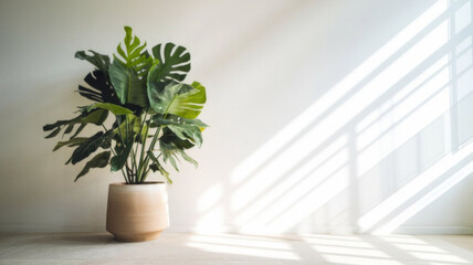 Monstera deliciosa or Swiss Cheese Plant in wicker flower pot isolated on a light background, home gardening and connecting with nature