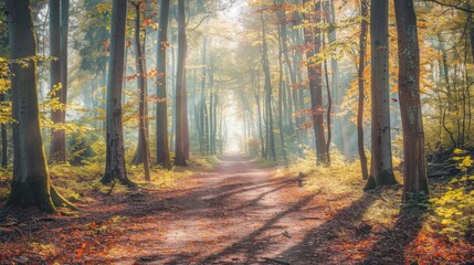 Obraz premium A tranquil forest path winds through tall trees, with dappled sunlight filtering down onto a beautiful blanket of fallen leaves.