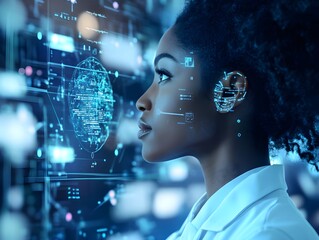 Woman Afro-American Scientist Analyzing Digital Data on Futuristic Screen
