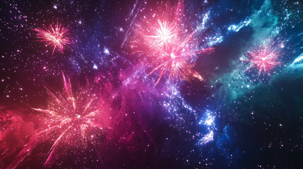 celebration background with fireworks in various bright colors. Spectacular amazing fireworks illuminating the dark sky. Vibrant collection of festive fireworks bursting in night sky. Festival