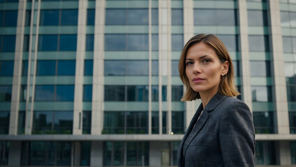 Confident Businesswoman:  A determined businesswoman stands confidently in front of a modern office building, her gaze fixed on the camera, radiating ambition and professionalism.  