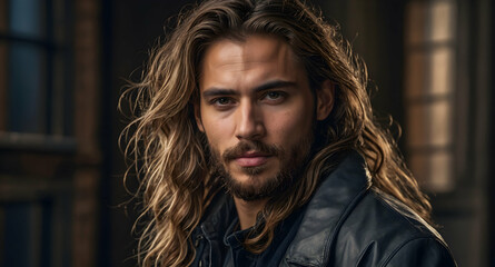 Intriguing Gaze: A Portrait of a Man with Long Brown Hair 