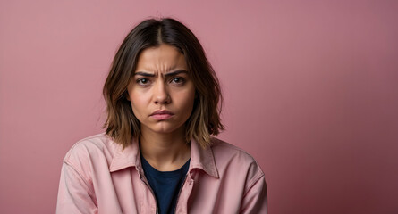 Fototapeta premium The Weight of the World: A portrait of a young woman with a troubled expression, conveying a sense of worry and introspection.