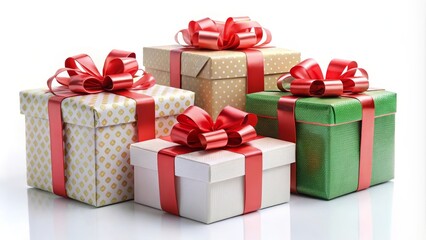 Obraz premium Gift boxes wrapped in colorful paper and tied with silky ribbons are sitting on a white background