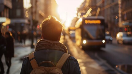 Urban Morning Commute: Man Walking Towards Tram in City at Sunrise