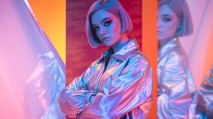 Fototapeta premium Stylish young woman with short blonde hair, wearing an iridescent jacket, neon pink makeup, posing confidently against a vibrant, gradient background.