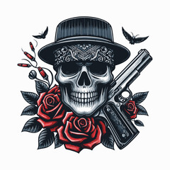 Fototapeta premium Skull Mafia Gangster Wearing Bandana With Gun An Roses T-shirt and logo design