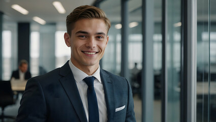 Fototapeta premium Confident and Successful: A young businessman in a sharp suit and tie beams with confidence in a modern office setting. He is radiating positive energy, ready to take on the world. 