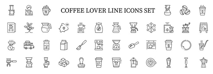 coffee elements tools beverages line art icon set, stimulant pick me up buzz perk