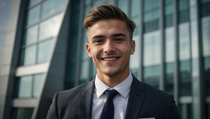 Confident and Ready: A young businessman exudes confidence and ambition as he stands in front of a modern office building, ready to conquer the day. His smile suggests success and optimism.
