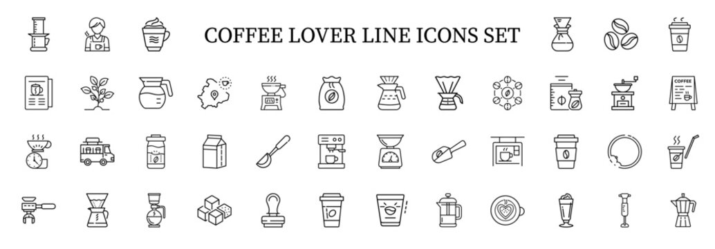 coffee elements tools beverages line art icon set, stimulant pick me up buzz perk