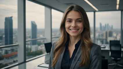 Fototapeta premium Confident and Driven: A young businesswoman exudes confidence and determination, standing tall in her modern office with a breathtaking cityscape backdrop.