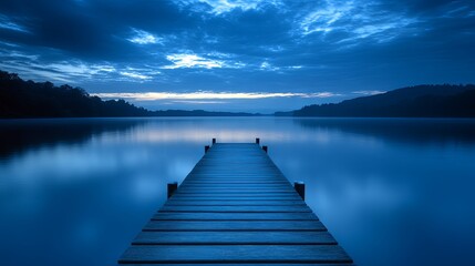 Fototapeta premium A serene wooden pier extends into a calm lake under a twilight sky, reflecting tranquil blue hues.