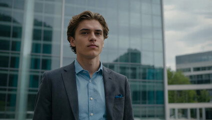 Fototapeta premium Confident Young Businessman: A young professional exudes confidence and determination as he stands tall against a backdrop of towering modern architecture, conveying a sense of ambition, success.