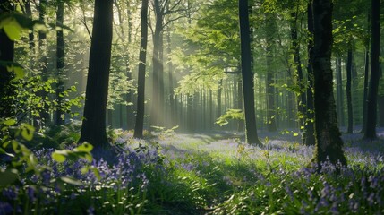 Obraz premium In a serene forest, a vibrant carpet of bluebells flourishes under tall trees with lush green leaves, where sunlight gently filters through.