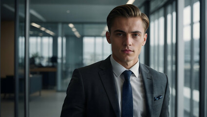 Confident Businessman in Modern Office: Portrait of a young, successful businessman in a sharp suit, exuding confidence and professionalism in a contemporary office setting.