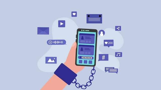 Social media addiction. Human hand with handcuff chained with mobile phone with chat and social media app, notifications