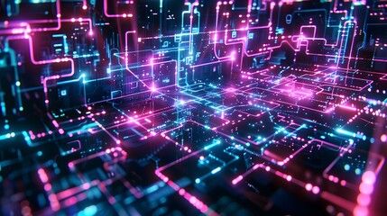 Obraz premium Abstract glowing neon light streaks in a futuristic digital network.