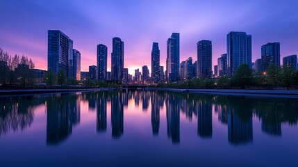 Fototapeta premium A serene city skyline at dusk, reflecting on calm waters, showcasing modern architecture and vibrant colors.