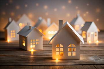 Cozy Winter Village: Illuminated paper houses on rustic wood, creating a warm and inviting scene perfect for holiday cards or real estate marketing. 