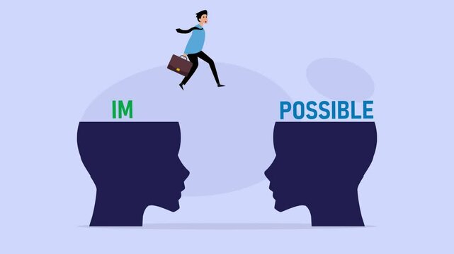 business man jumping over big head and breaking the impossible into possible cartoon animation