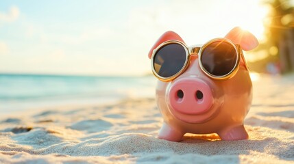 A cheerful piggy bank wearing sunglasses on a sandy beach during sunset, embodying relaxation and enjoyment.