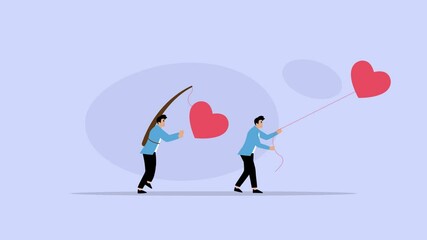 people pulling rope big pink heart shape happy valentines day holiday celebrating concept successful teamwork strategy flat horizontal cartoon animation - Powered by Adobe