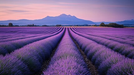 A serene lavender field stretches towards majestic mountains, bathed in soft twilight hues.