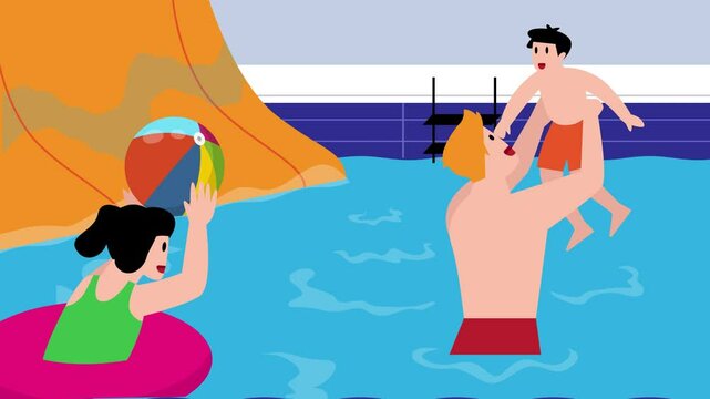 Father and kids have fun in water in summer. Happy people playing in swimming pool, slide on waterslide. Children floating on inflatable circles in aquapark in summertime cartoon animation
