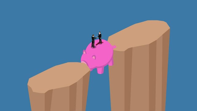a piggy bank bridging the gap between a businesspeople. Assisting business people to overcome difficulties 3d animation cartoon