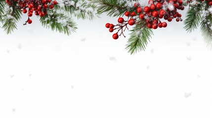 Christmas banner with green pine branches and place for text. Holiday decoration for greeting cards, poster template and invitations isolated on white background