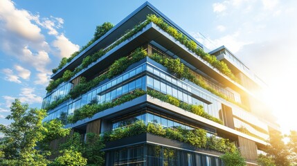A modern building featuring extensive greenery, showcasing a blend of architecture and nature under a bright sky.