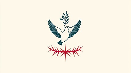 Obraz premium The image features a stylized dove with an olive branch above it, set against a backdrop of red thorns, symbolizing peace and resilience.
