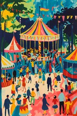 Painting of a Whimsical Carnival with Colorful Rides and Joyful Crowds