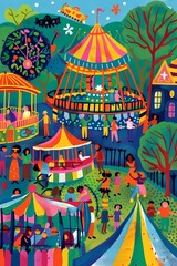 Painting of a Whimsical Carnival with Colorful Rides and Joyful Crowds