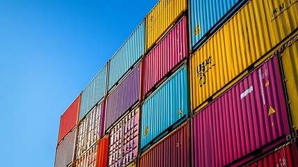 Fototapeta premium cargo containers stacked high against a clear blue sky, with shipping labels and numbers clearly visible, emphasizing their international journey