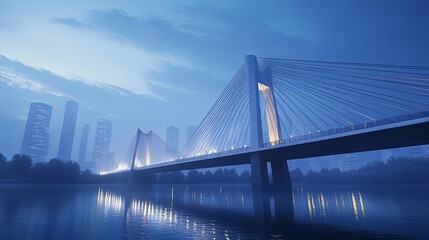 A serene blue-toned image of a cable-stayed bridge illuminated against a city skyline, reflecting in calm waters.