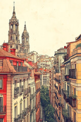 Fototapeta premium Bilbao, color pen pencil hand-drawn effect drawing illustration for travel poster, card, wallpaper, backdrop or banner. Modern, clear, artistic and simple