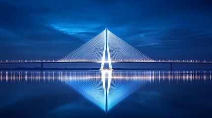 Obraz premium A stunning night view of a modern bridge illuminated against a serene water surface, reflecting its architectural beauty.