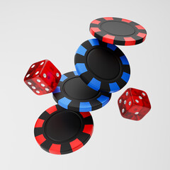Falling casino chips with red dice isolated over white background. 3D rendering.