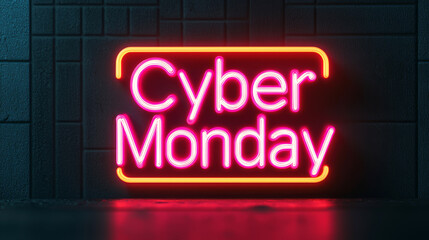 Obraz premium Neon sign displaying Cyber Monday sales against a dark background, ideal for marketing and promotions.
