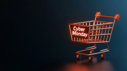 Shopping cart illuminated with Cyber Monday sign on dark background, perfect for online shopping promotions.